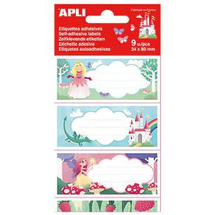 Apli Etiquetas Adhesivas Escolares Princesas - Tamaño 81x36mm - 9 Etiquetas en 3 Hojas - Adhesivo Permanente de Alta Calidad - Diseño Princesas - Colo