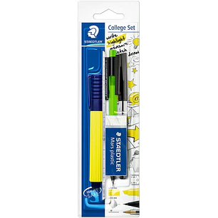 Staedtler Pack Escolar Compuesto por 1 Marcador Amarillo + 1 Goma de Borrar + 1 Boligrafo Negro + 1 Portaminas de 0.5mm + 1 Regla