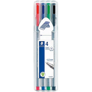 Staedtler Triplus Fineliner 334 Pack de 4 Rotuladores de Punta Fina - Trazo 0.3 mm Aprox - Tinta Base de Agua - Colores Surtidos
