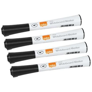 Nobo Gilde Pack de 4 Rotuladores para Pizarra Blanca - Punta Fina 1mm - Tinta con Poco Olor - Color Negro
