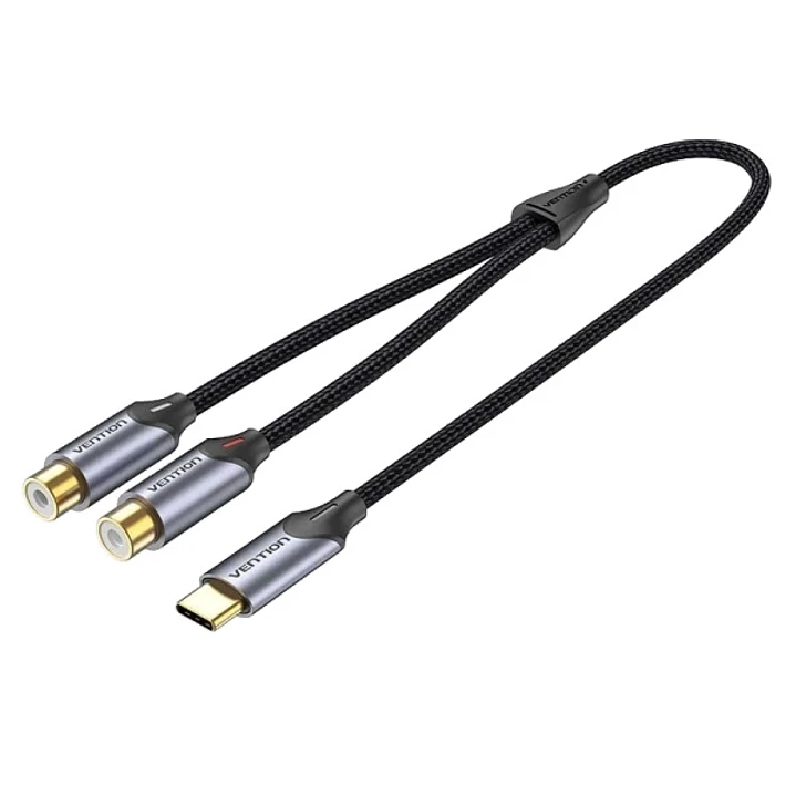 Vention Cable Adaptador de Audio - Longitud 1.5m - USB-C Macho - 2xRCA Hembra - Aluminio - Conectores Chapados en Oro - 29 AWG - Color Gris 1