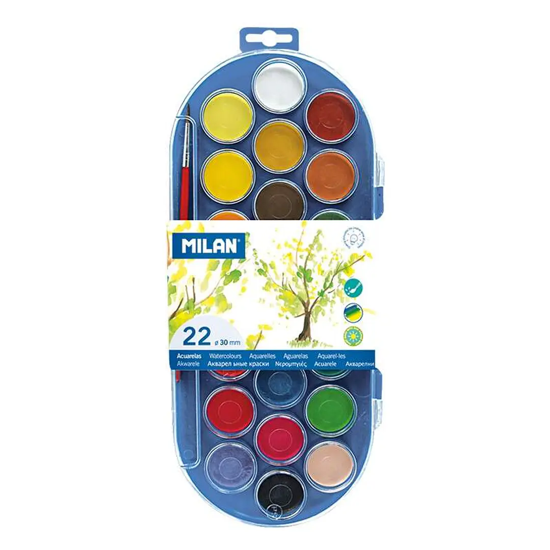 Milan 80022 Estuche de 22 Acuarelas Ø30 mm + Pincel  Serie 101 - Mezclable - Colores Surtidos 1