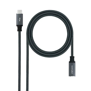 Nanocable Cable Prolongador USB-C 3.2 Macho a USB-C 3.2 Hembra - Gen2x2 20Gbp - 100W 5A - 4K 60Hz - 1 Metro - Mallado - Color Negro