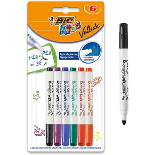 Bic Kids Mini Velleda Pack de 6 Rotuladores para Pizarra - Punta Bloqueada - Tinta con Base de Alcohol - Borrado Optimo - Colores Surtidos