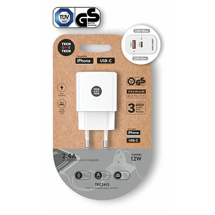 TechOneTech Cargador Doble de Pared USB-A a USB-C  12W Blanco