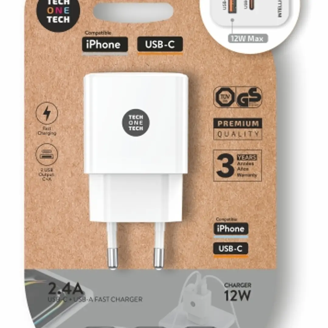 TechOneTech Cargador Doble de Pared USB-A a USB-C  12W Blanco 1