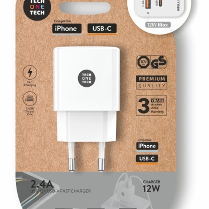 TechOneTech Cargador Doble de Pared USB-A a USB-C  12W Blanco 1