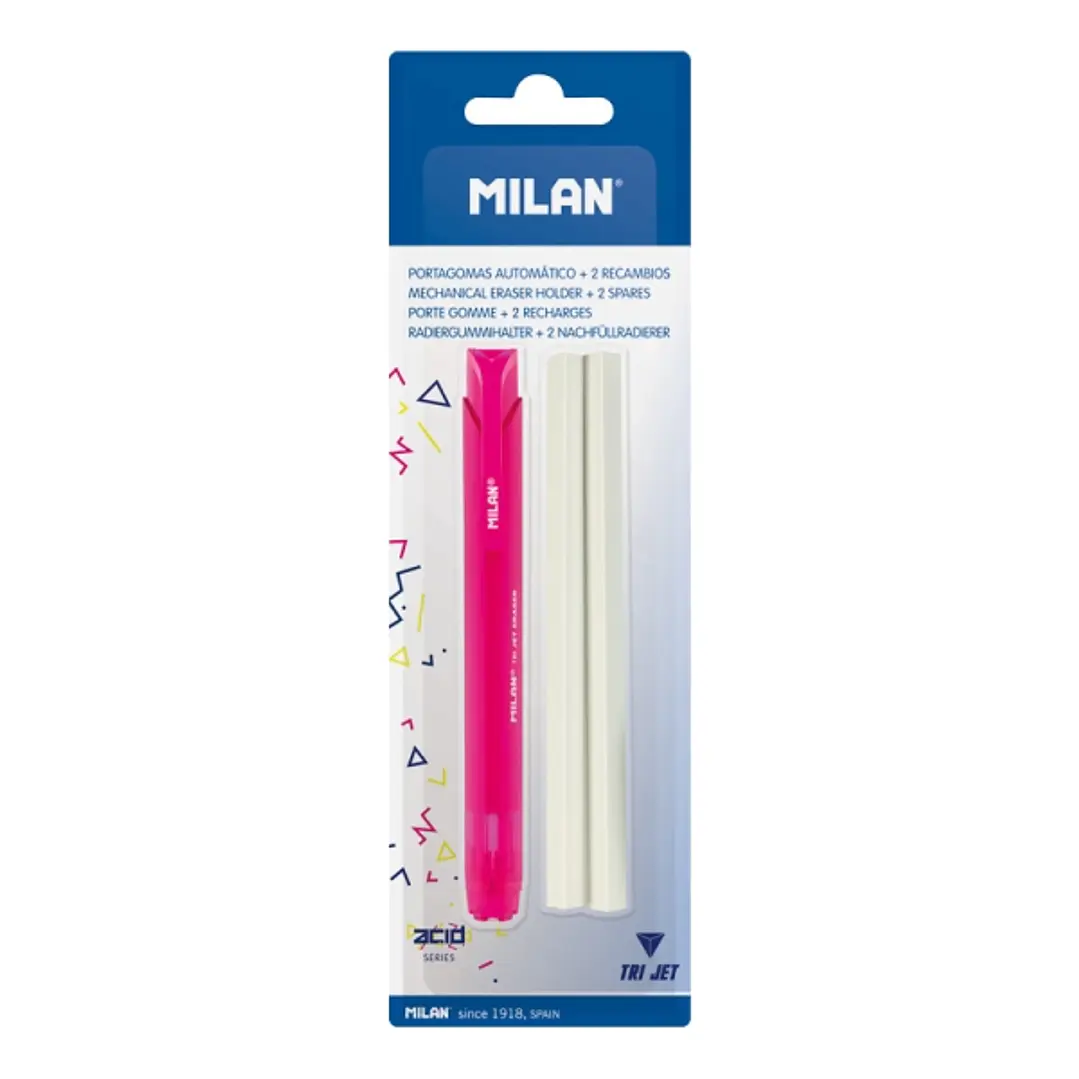 Milan Tri Jet Acid Portagomas Automatico - Triangular - 2 Gomas de Recambio - Colores Surtidos Aleatorios 1