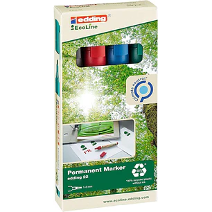 Edding 22 EcoLine Pack de 4 Rotuladores Permanentes - Punta Biselada - Trazo entre 1 y 5mm - 90% de Plastico Reciclado - Colores Surtidos