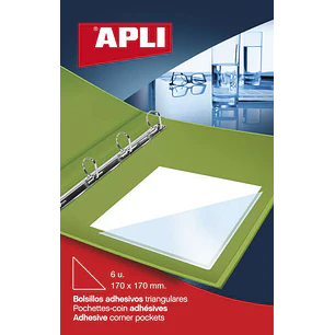 Apli Bolsillos Adhesivos Triangulares - Tamaño 170 x 170mm - Ideal para Incorporar a Carpesanos, Carpetas, Libros, Etc - 6 Bolsillos por Bolsa