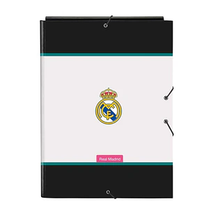 Safta Real Madrid Equipacion 26/27 Carpeta de 3 Solapas - Formato Folio - Cierre con Gomas Elasticas - Tapas Duras Forradas - 26x33.5x2.5cm - Color Bl