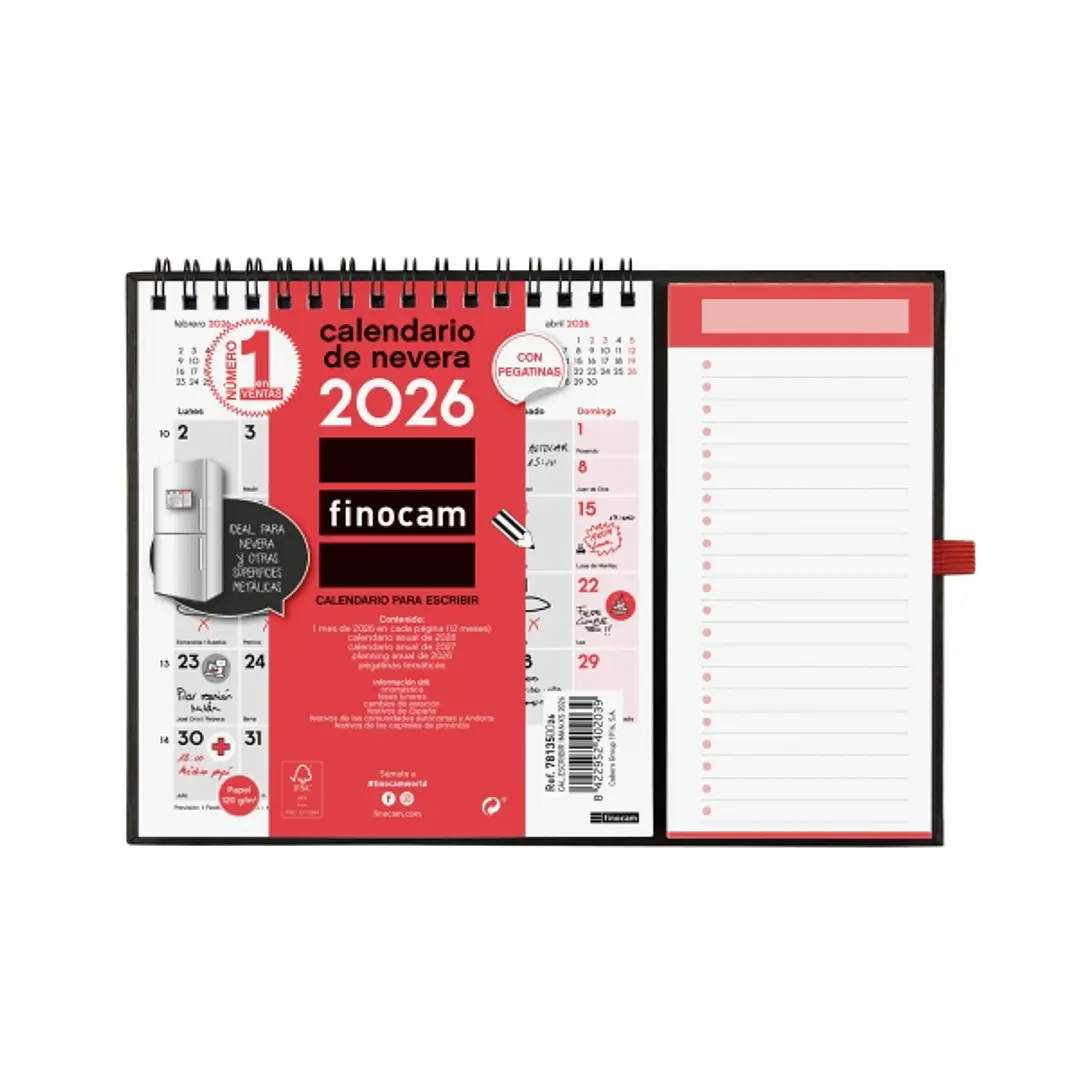 Finocam Calendario Imantado - Anual 2026 - 224x12x160mm - Espacio para Escribir - Color Blanco y Rojo 1