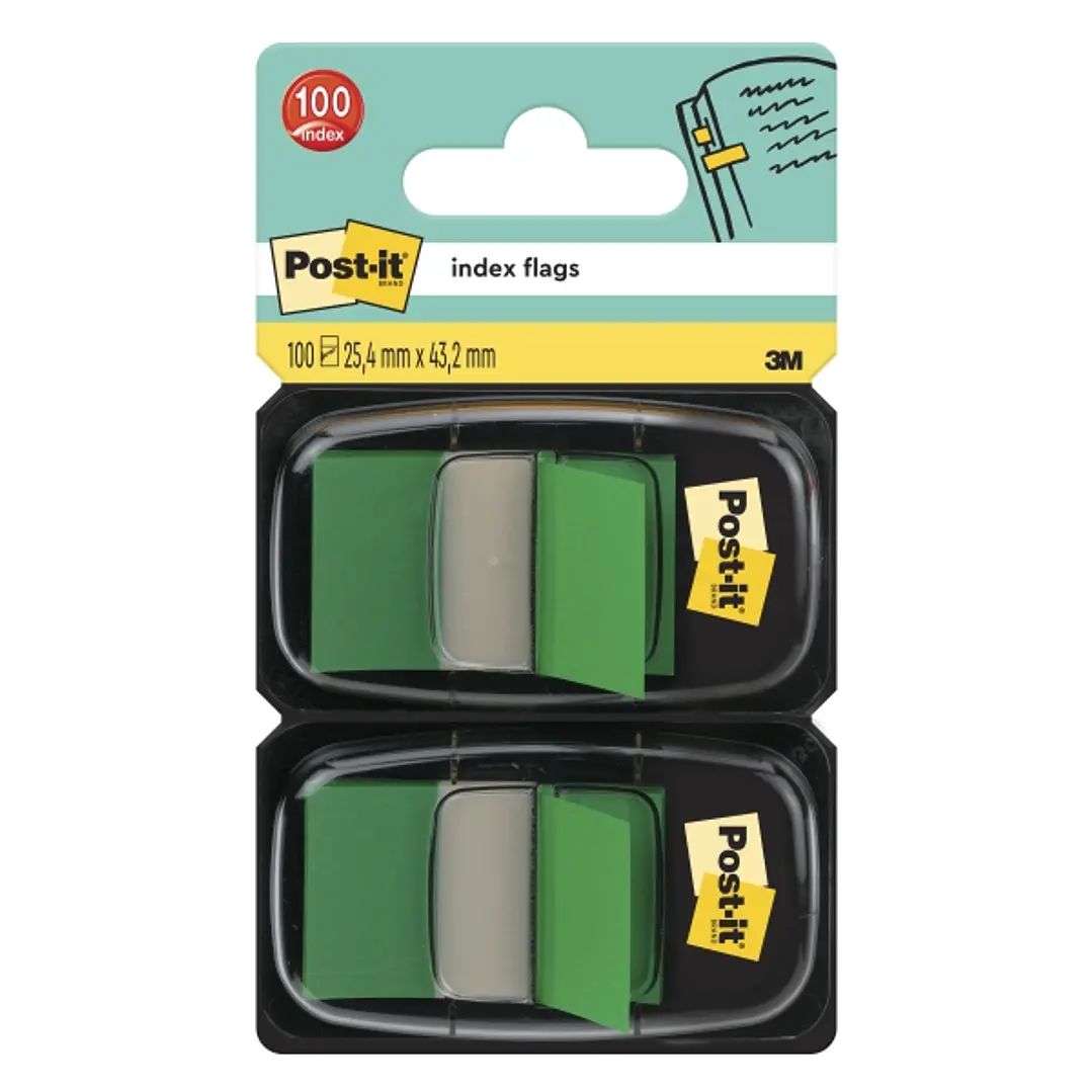 Post-It Index Pack de 2 Dispensadores con 50 Marcadores de Indice Reposicionables - Forma Rectangular - Color Verde 1