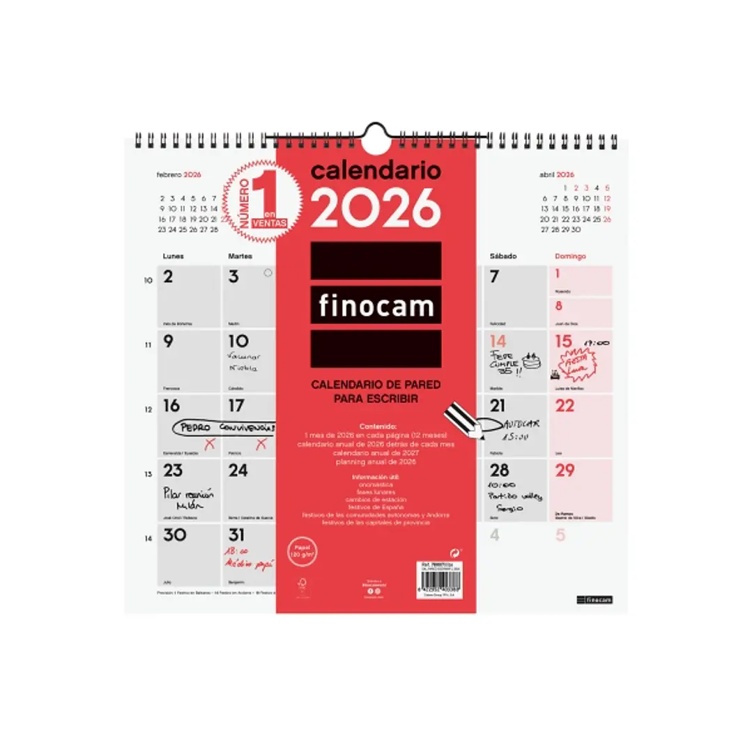 Finocam Calendario de Pared - Anual 2026 - 340x5x330mm - Espacio para Escribir - Color Blanco y Rojo 1