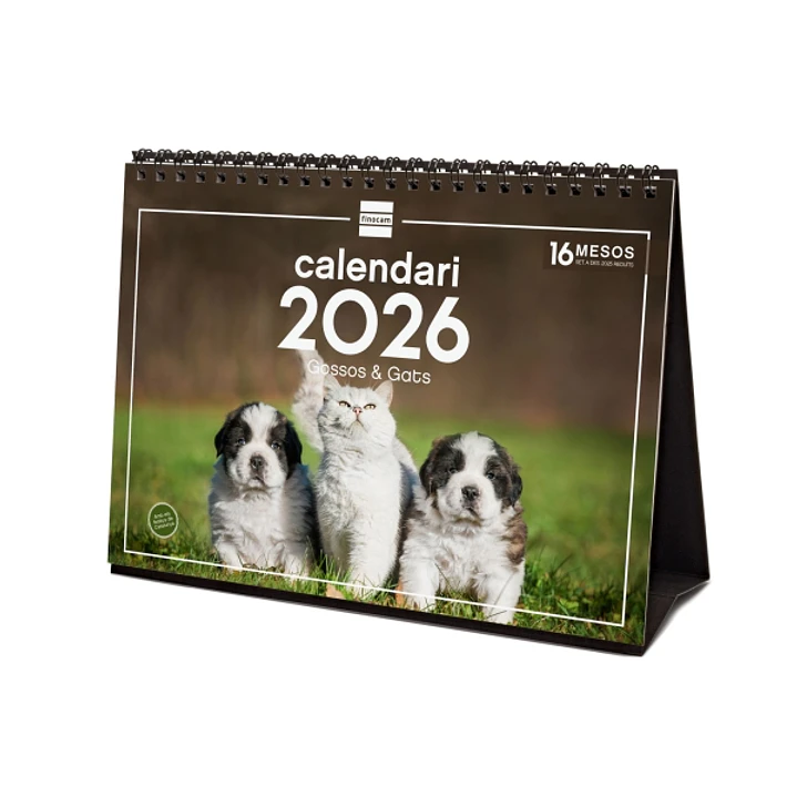 Finocam Calendario de Sobremesa en Catalan - Anual 2026 - Imagenes Variadas - Espacio para Escribir - Tematica de Perros y Gatos 1
