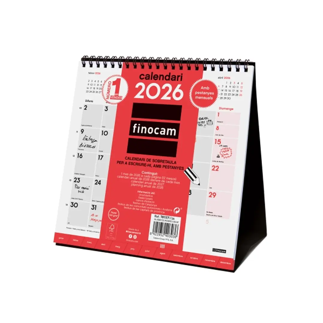 Finocam Calendario de Sobremesa en Catalan - Anual 2026 - Meses en Solapa - 190x70x205mm - Espacio para Escribir - Color Blanco y Rojo 1