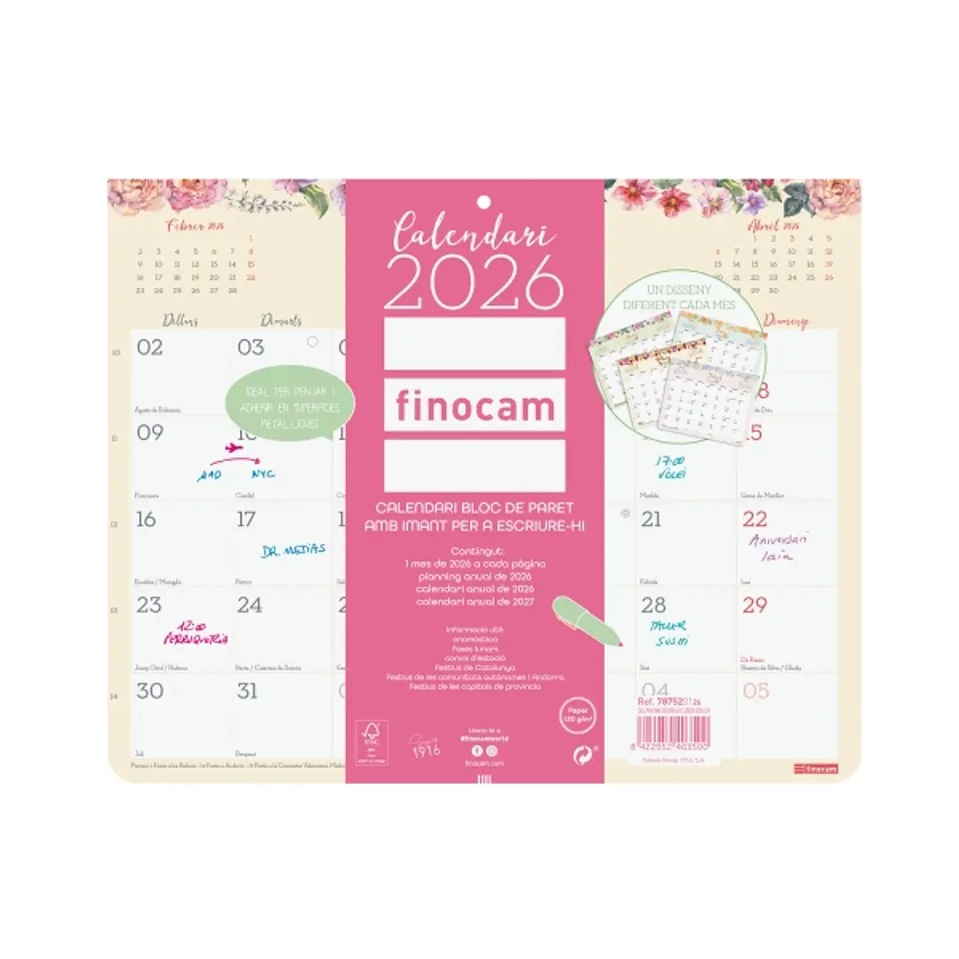Finocam Design Calendario Imantado en Catalan - Anual 2026 - Bloc Encolado - 250x6x200mm - Espacio para Escribir - Color Surtidos 1