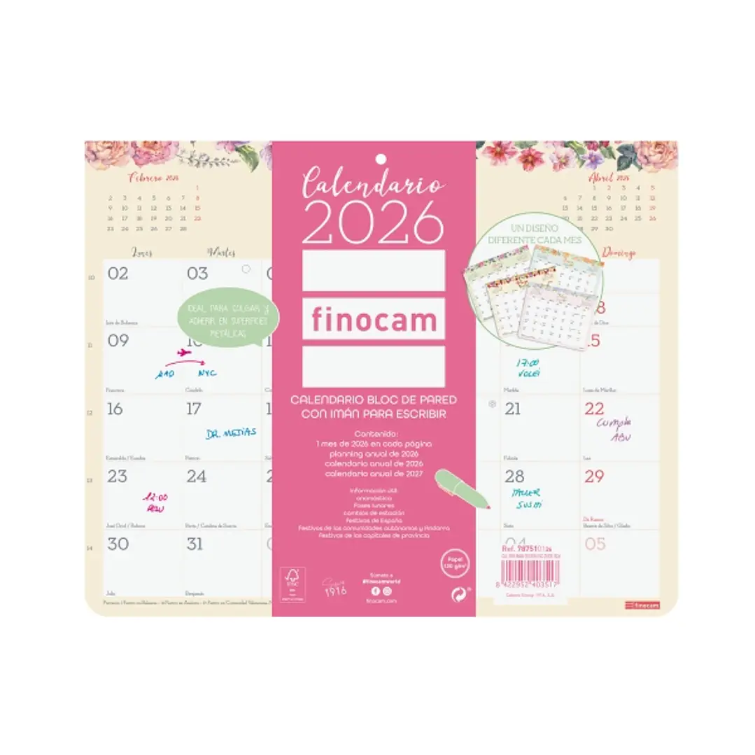Finocam Design Calendario Imantado - Anual 2026 - Bloc Encolado - 250x6x200mm - Espacio para Escribir - Color Surtidos 1