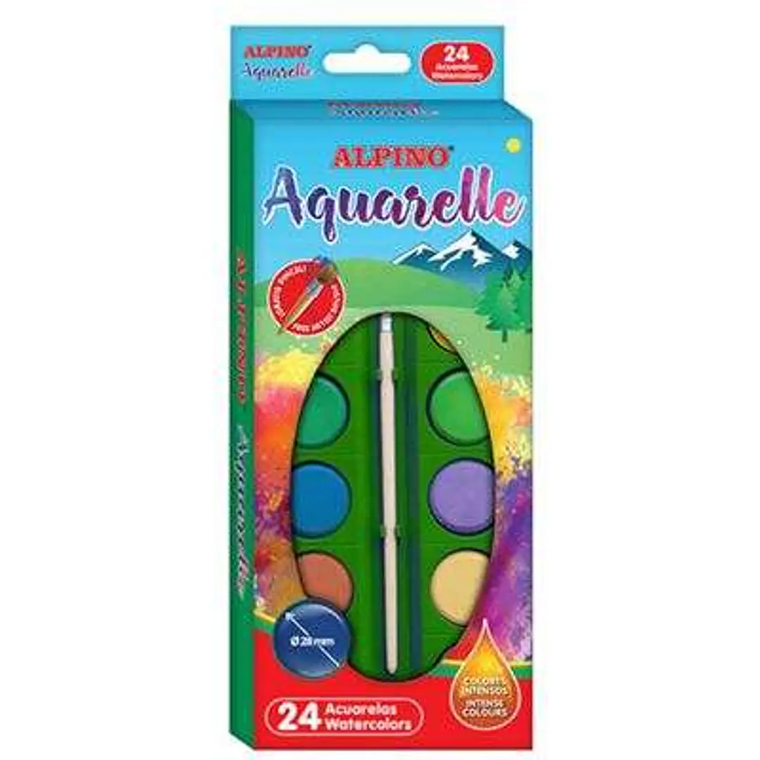 Alpino Pack de 24 Acuarelas - 28mm Diametro - Colores Intensos - Incluye Pincel - Colores Surtidos 1