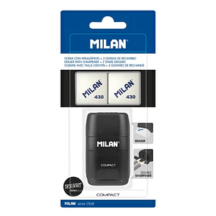Milan Compact Shadow Afilaborra - 2 Gomas de Recambio - Cuchilla de Acero de Seguridad - Doble Agujero para Normal y Maxi - Color Negro
