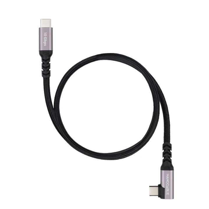 Nanocable Cable USB-C Macho Acodado 90º - Soporta hasta 100W - Longitud 0.5m - Velocidad de Transferencia hasta 10Gbps - Resolucion 4K - Algodon Trenz 1