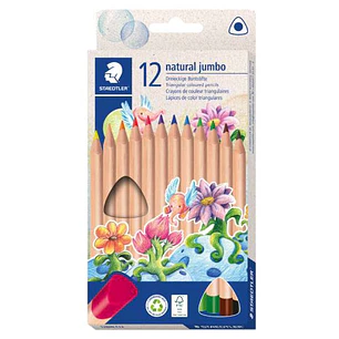 Staedtler Noris Natural Jumbo Pack con 12 Lapices de Colores Triangulares - Mina de 4mm - Madera Certificada FSC - Cuerpo de Color Madera Natural