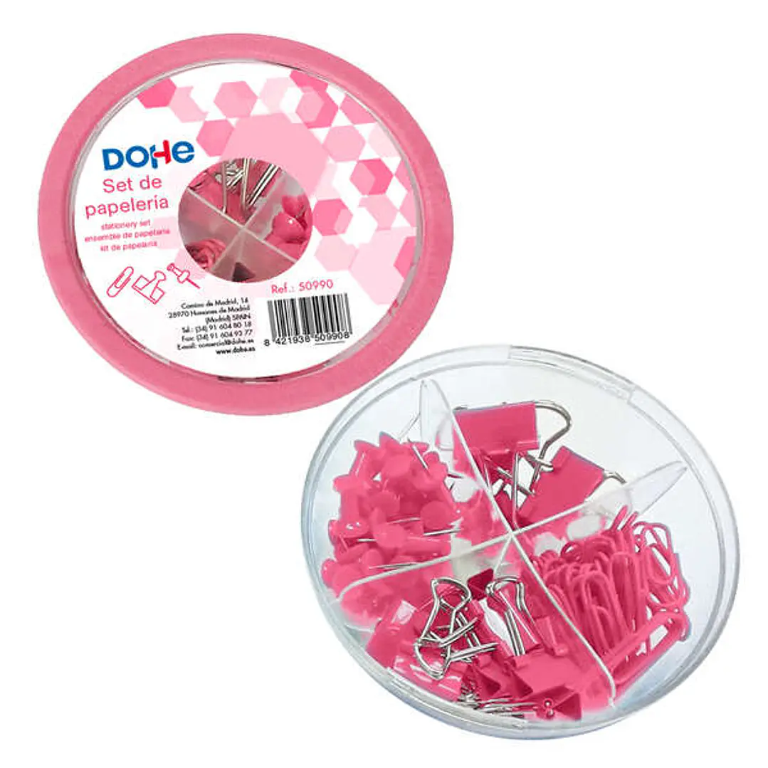 Dohe Combo Ovni Pack de Accesorios de Escritorio - 12 Pinzas de 15mm, 5 Pinzas de 19mm, 50 Clips de 28mm y 30 Push Pins de 22mm - Color Rosa 1