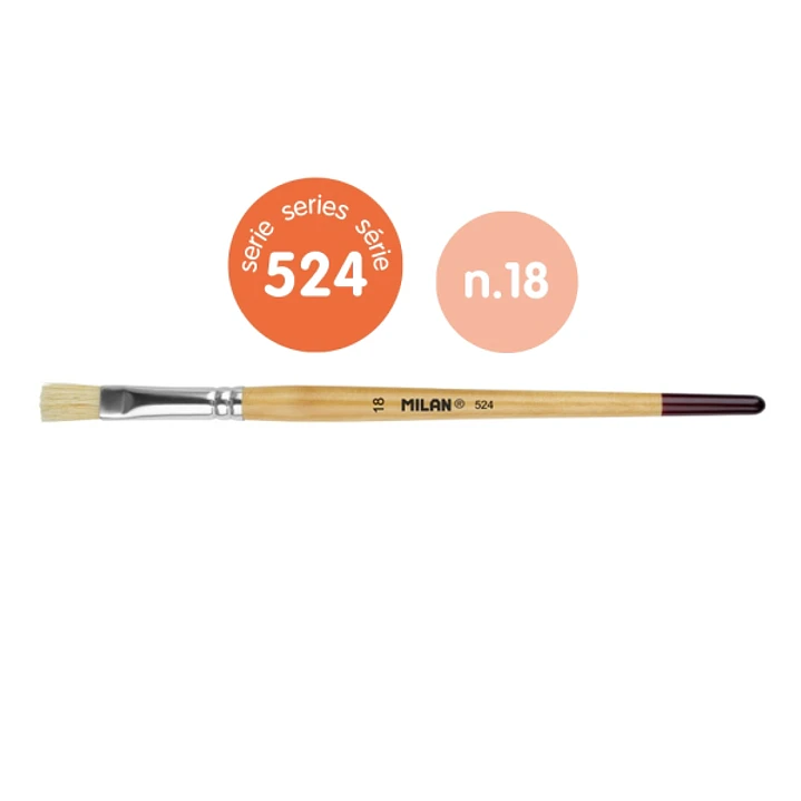 Milan 524 Pack de 4 Pinceles Planos Numero 18 - Bolsa con Colgador - Cerda Natural - Mango Corto - Color Madera Claro 1
