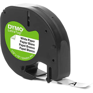 Dymo LetraTag S0721510 Cinta de Etiquetas Original para Rotuladora - Texto negro sobre fondo blanco - Ancho 12mm x 4 metros (91200)