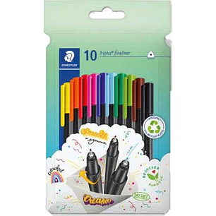 Staedtler Triplus Fineliner 334 Pack de 10 Rotuladores de Punta Fina en Envase de Carton - Trazo de 0.3mm Aprox - Diseño Ergonomico - Tinta Base de Ag