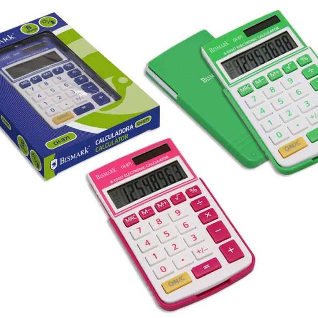 Bismark Calculadora Escolar de 8 Digitos - Tapa Dura - Funciones Basicas y Memoria - Alimentacion Solar y a Pilas - Colores Surtidos 1