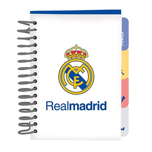 Safta Real Madrid Equipacion 26/27 Bloc de Notas - Formato A6 - 80 Hojas de 80 g/m2 - Espiral - Tapas Duras - 4 Separadores Interiores - 10.5x14.8cm -