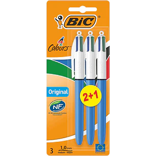Bic 4 Colours Original Pack de 3 Boligrafos de Bola Retractil - Punta Media de 1.0mm - Tinta con Base de Aceite - Cuerpo Azul/Blanco - 4 Colores