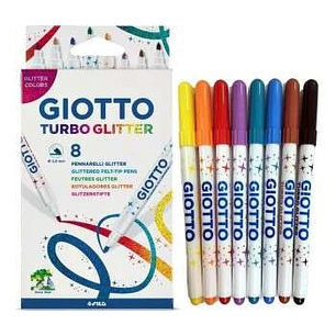 Giotto Turbo Glitter Pack de 8 Rotuladores - Punta Fina 2.8mm - Tinta al Agua - Lavable - Colores Surtidos