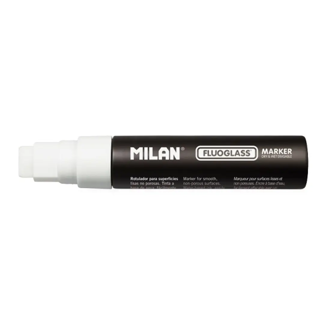 Milan Fluoglass Rotulador para Superficies Lisas - Punta Plana - Trazo de 8 a 15mm - Tinta al Agua - Borrado Facil - Color Blanco 1