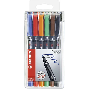Stabilo OHPen Pack de 6 Rotuladores Permanentes - Punta Media - Trazo de 1mm - Agarre Antideslizante - Tapon Ventilado - Colores Surtidos