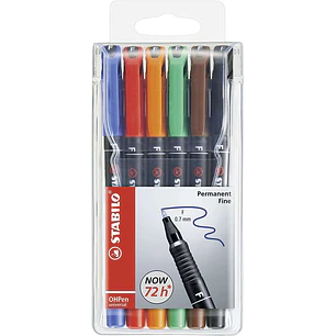 Stabilo OHPen Pack de 6 Rotuladores Permanentes - Punta Fina - Trazo de 0.7mm - Agarre Antideslizante - Tapon Ventilado - Colores Surtidos