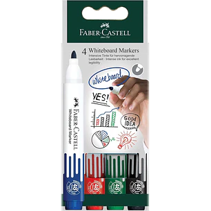 Faber-Castell W20 Pack de 4 Rotuladores para Pizarra Blanca - Punta de Bala - Ancho de Linea 2,25mm - Borrado en Seco - Colores Surtidos