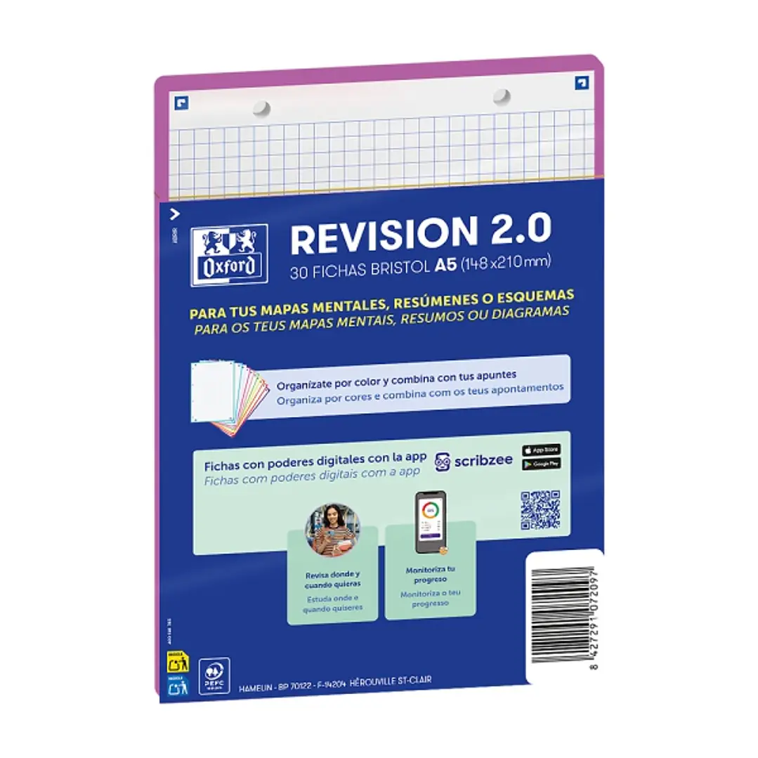 Oxford Pack de 30 FlashCards 2.0 - Formato A5 - Cuadricula 5x5mm - Cartulina de 250g - Digitalizacion de Textos con App - Color Morado 1