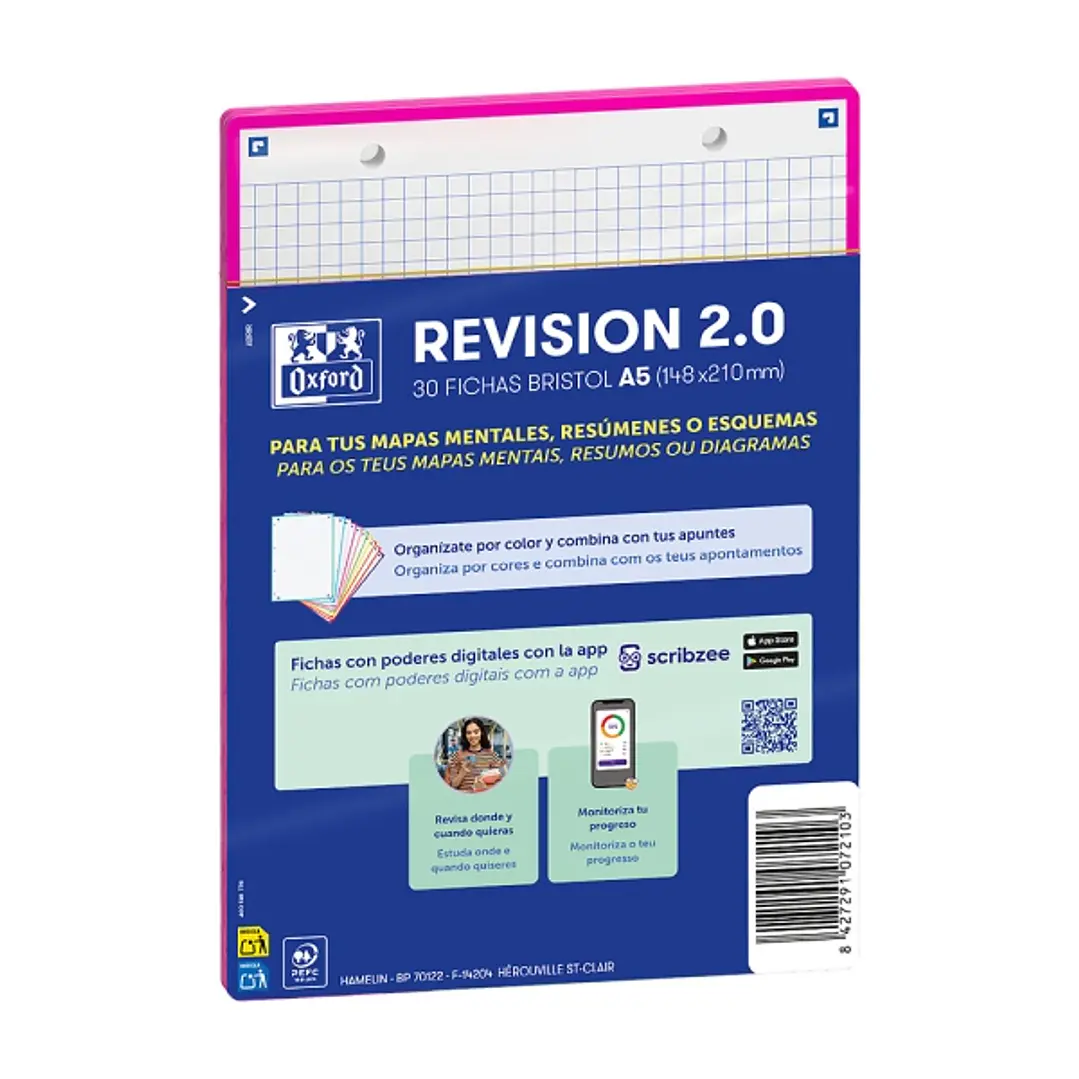 Oxford Pack de 30 FlashCards 2.0 - Formato A5 - Cuadricula 5x5mm - Cartulina de 250g - Digitalizacion de Textos con App - Color Fucsia 1
