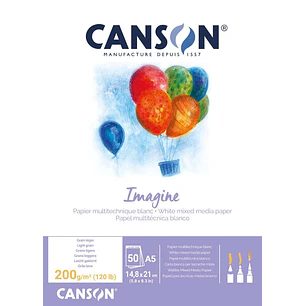 Canson Imagine Bloc Encolado de 50 Hojas A5 - Grano Fino - 14,8x21cm - 200g - Color Blanco