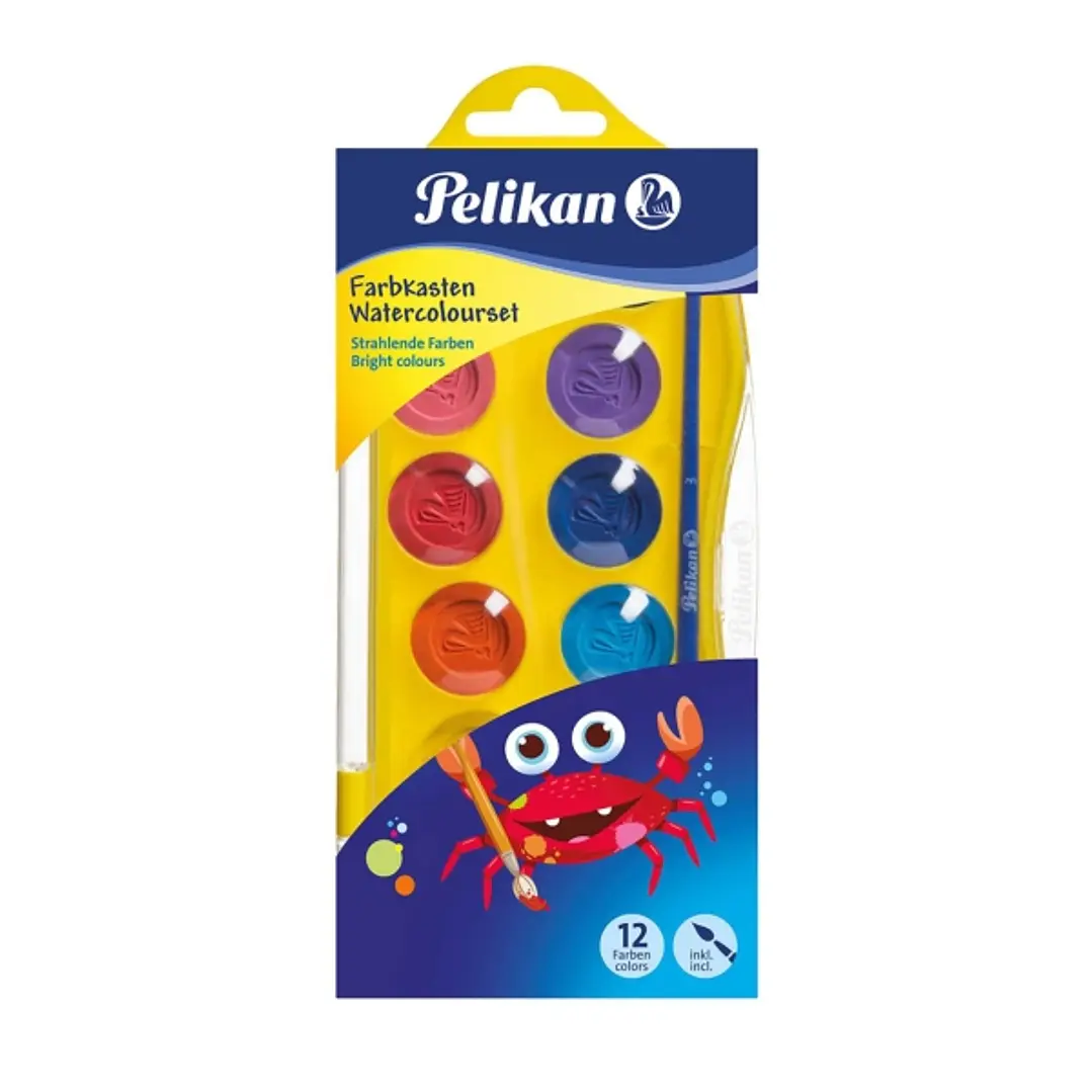 Pelikan Junior Pack de 12 Acuarelas - Incluye 1 Pincel - Facil de Diluir y Mezclar - No Toxicas - Lavable - Colores Surtidos 1