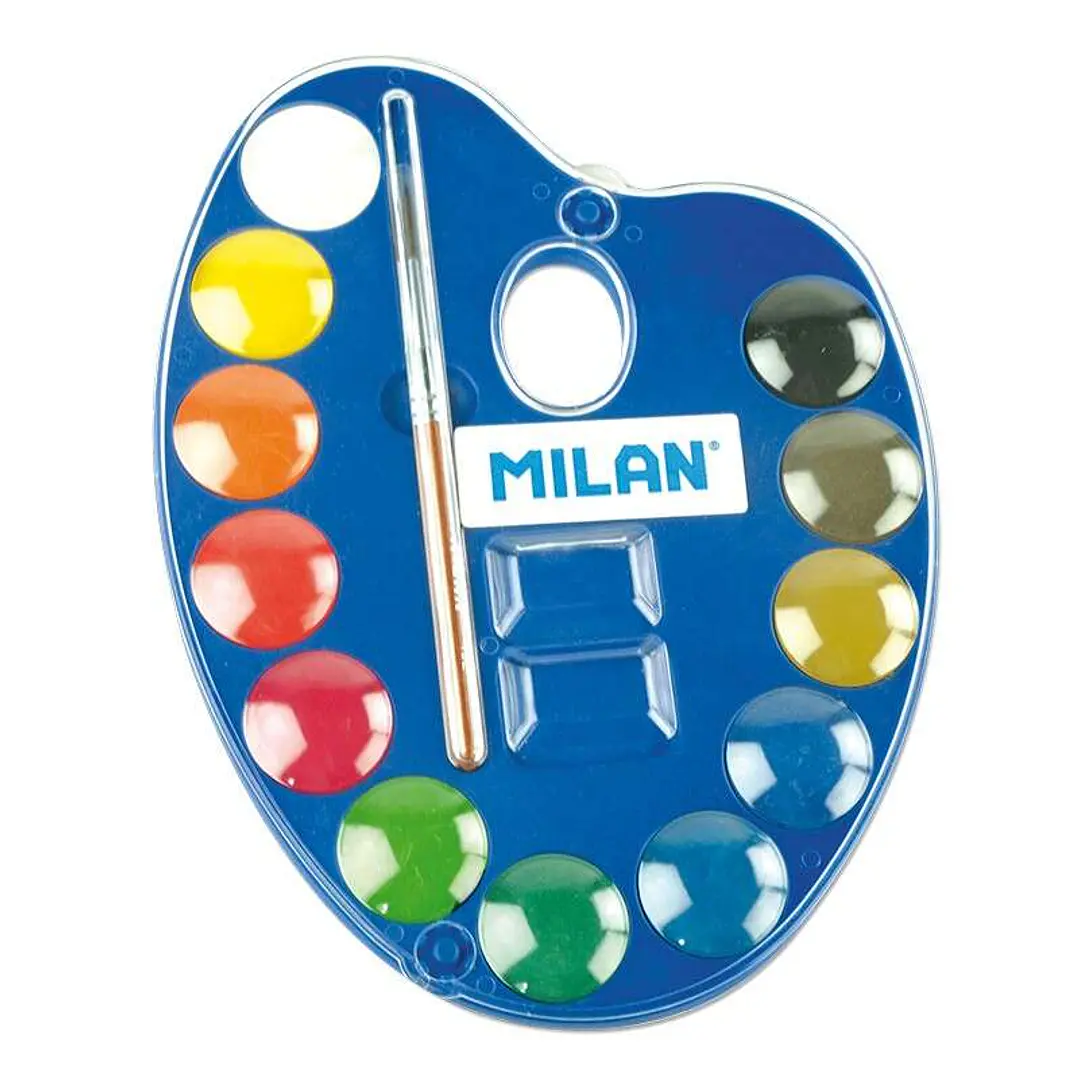 Milan 053412 Paleta de 12 Acuarelas Ø25 mm + Pincel  Serie 101 - Mezclable - Colores Surtidos 1