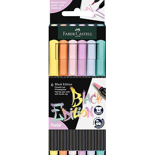 Faber-Castell Black Edition Pack de 6 Rotuladores Punta Pincel - Tinta a Base de Colorantes Alimentarios - Colores Pastel Surtidos
