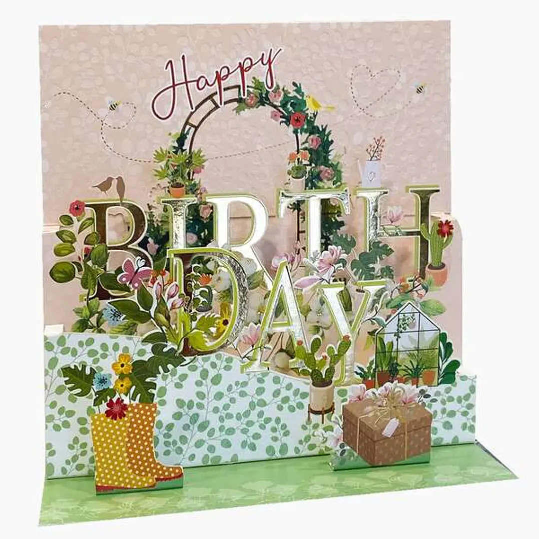 Pictura Tarjeta 3D Pop-Up - 16x16cm - Tematica Invernadero - Embolsada Individualmente - Incluye Sobre Blanco - Papel con Certificacion FSC 1