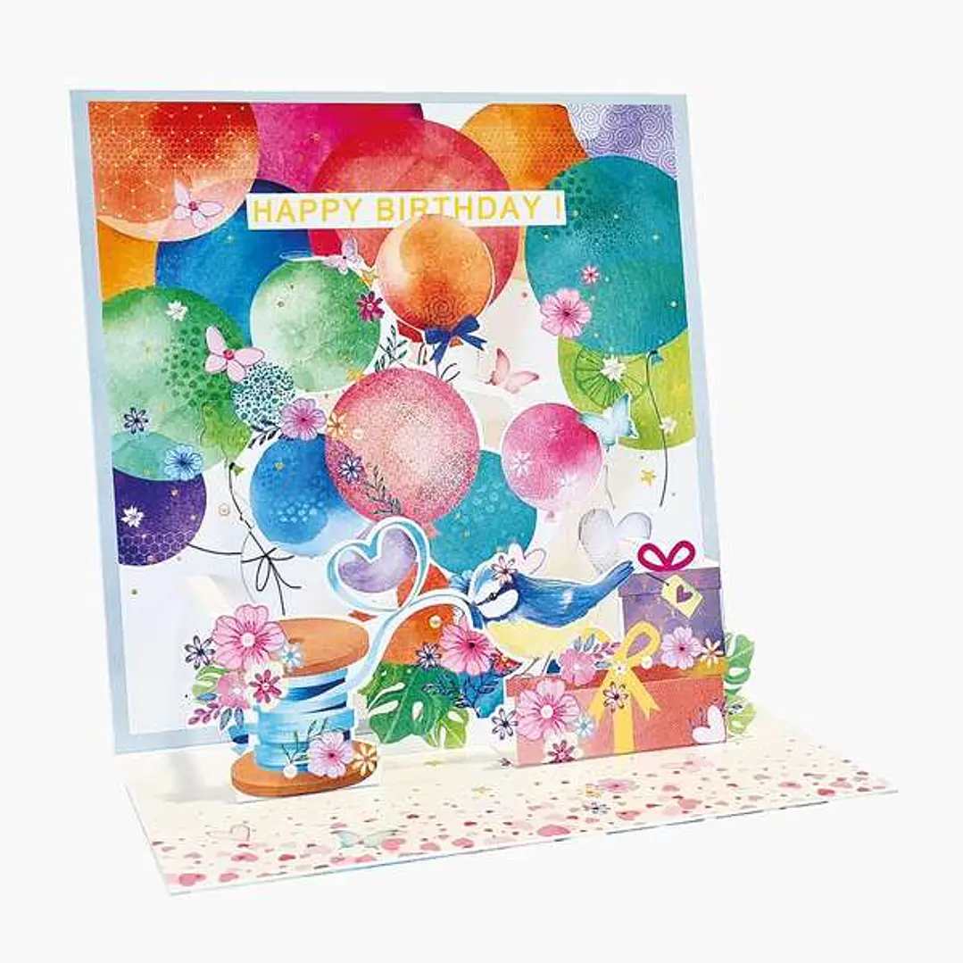 Pictura Tarjeta 3D Pop-Up - 16x16cm - Tematica Globos - Embolsada Individualmente - Incluido Sobre Blanco - Papel con Certificacion FSC 1