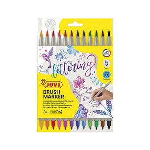 Jovi Brush Marker Pack de 12 Rotuladores Doble Punta - Punta Pincel 4,5mm y Punta Rigida 2,5mm - Tinta Base Agua - Ideal para Lettering - Colores Surt