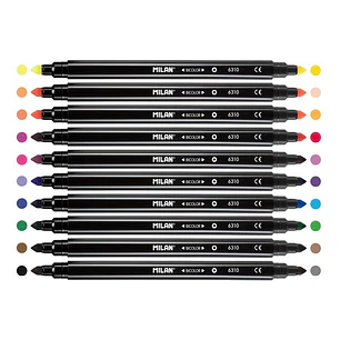 Milan Pack de 10 Rotuladores Bicolor Doble Punta - Punta Conica 5mm - Tinta al Agua - Lavable - Colores Surtidos