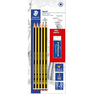Staedtler Noris 120 Pack de 5 Lapices de Grafito Hexagonales 2HB + 1 Goma de Borrar Mars Plastic - Madera de Bosques Sostenibles