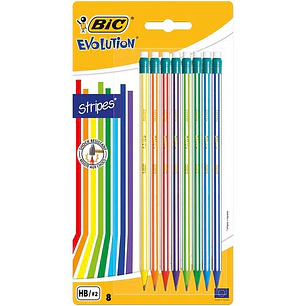 Bic Evolution Stripes Pack de 8 Lapices de Grafito Hexagonales con Goma de Borrar - Mina HB Ultraresistente - Fabricados en Resina Sintetica - Cuerpo 